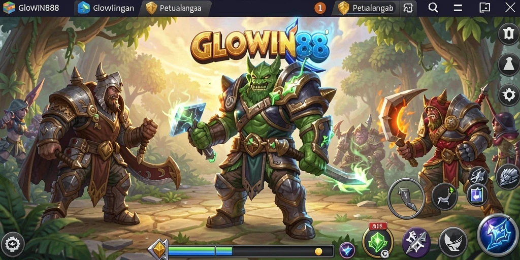 Screenshot GLOWIN88 menampilkan aksi pertempuran yang intens dan karakter yang dinamis.