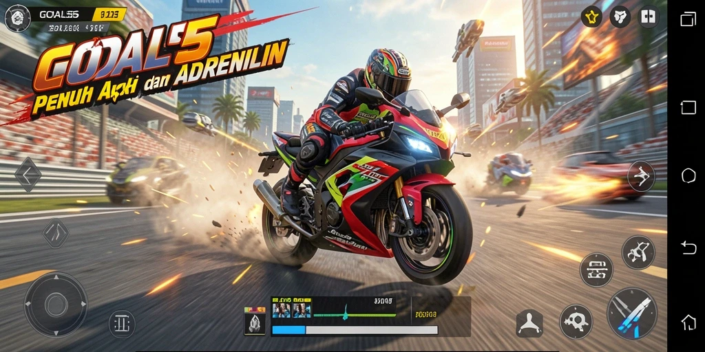 Tampilan gameplay menarik dari GOAL55 yang penuh aksi balapan motor.