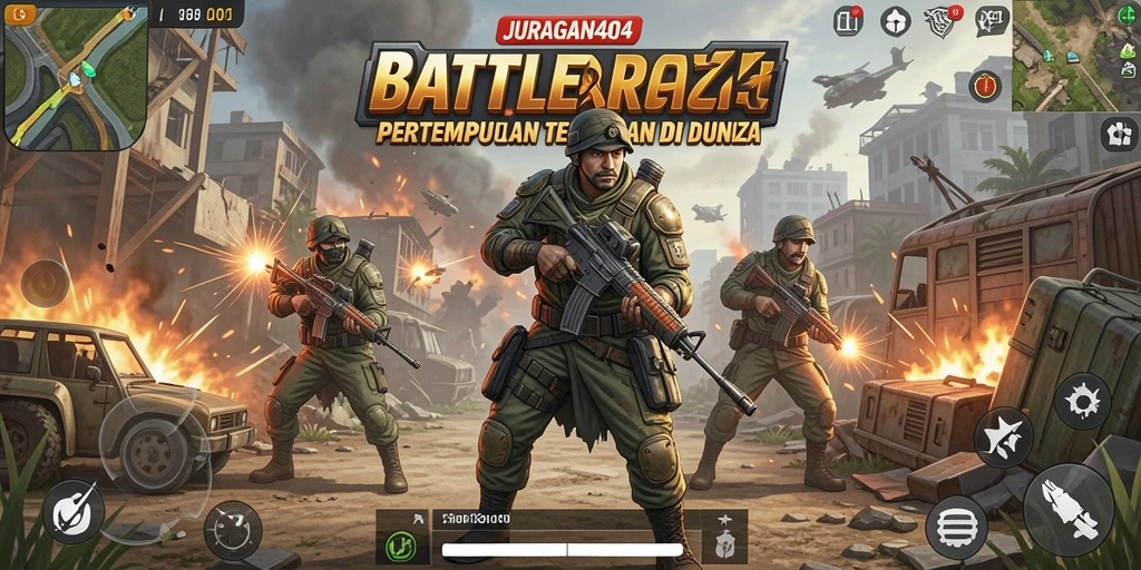 Tampilan gameplay mendebarkan di JURAGAN404 dengan aksi Battle Royale yang intens.