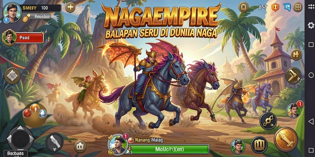 Screenshot gameplay NAGAEMPIRE menampilkan aksi balap yang mendebarkan dan kendaraan yang keren.