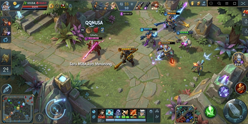 Screenshot gameplay seru dari QQNUSA dengan pertarungan hero MOBA.