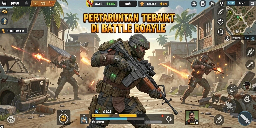 Gambar utama RK88 menampilkan aksi seru dalam pertandingan Battle Royale.