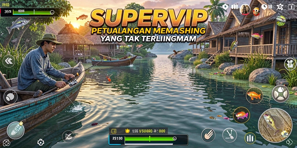 Tampilan gameplay SUPERVIP yang menakjubkan dengan aksi memancing yang dinamis.
